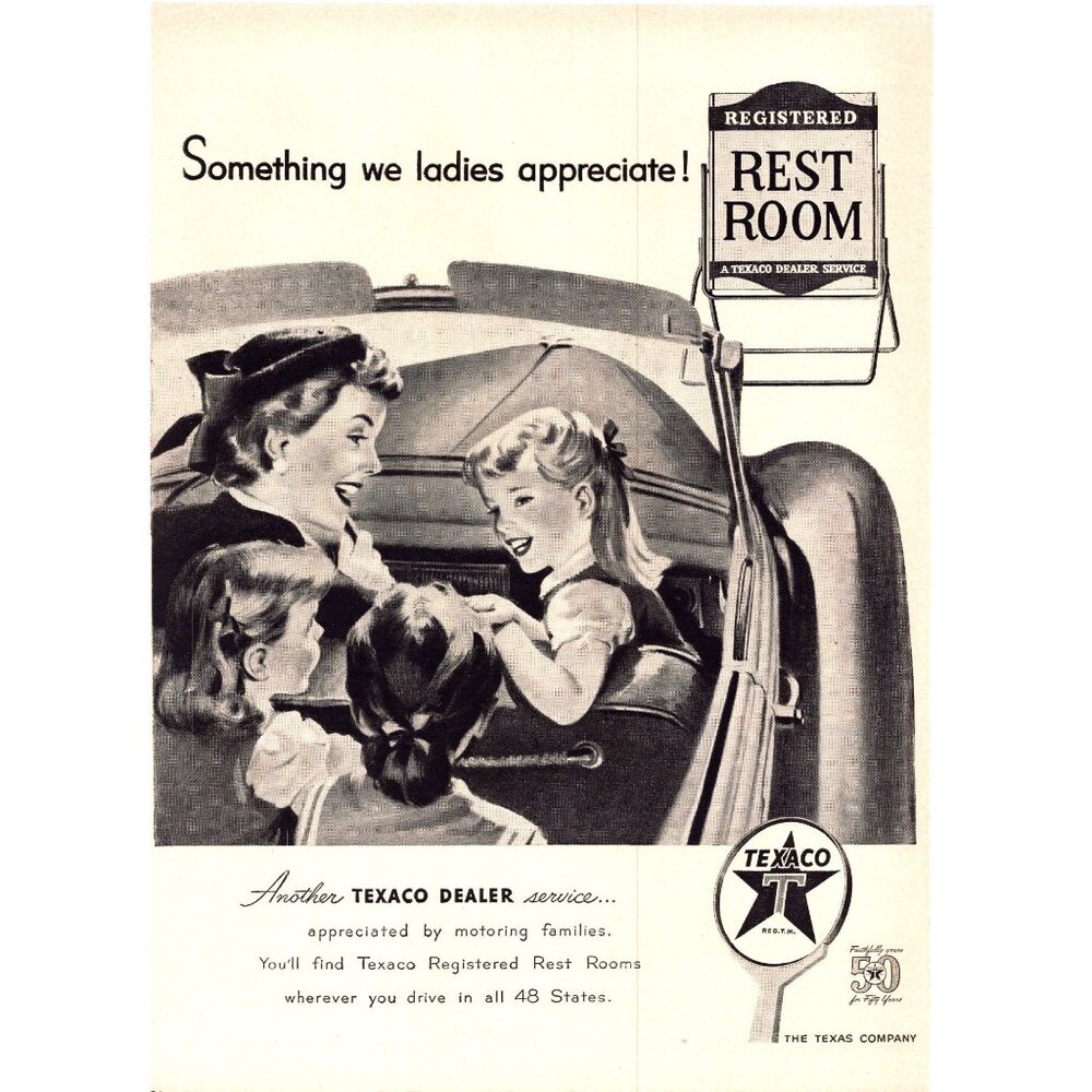 1952 Texaco Service Station Vintage Print Ad Mom Daughters Convertible Wall Art
